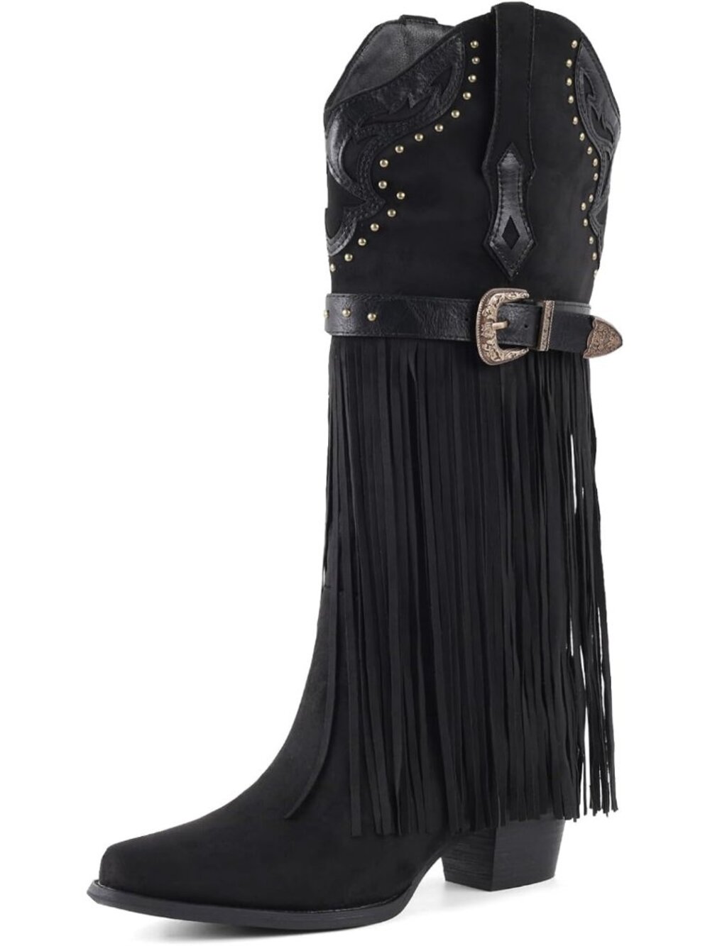 Women's Black Knee High Furry Heel Boots Faux Fur Pointed Toe Snow Western Boots